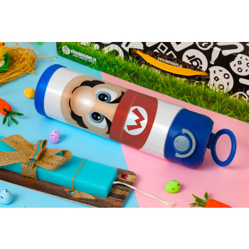 Super mario flat, Easter candle, Childrens hot water bottle, stainless steel, with safety straw, BLUE (500ml)