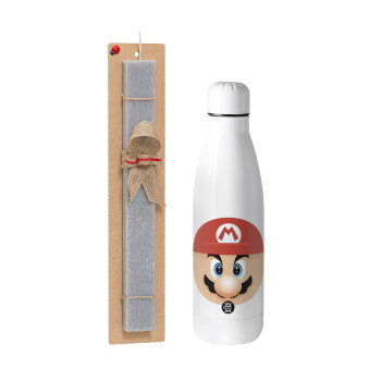 Super mario flat, Easter Set, metallic stainless thermos bottle (500ml) & scented flat Easter candle (30cm) (GRAY)