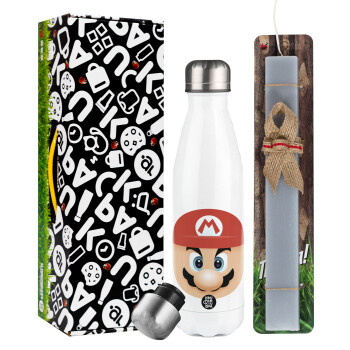 Super mario flat, Easter candle, metallic white thermos bottle (500ml) & aromatic flat candle (30cm) (GRAY)