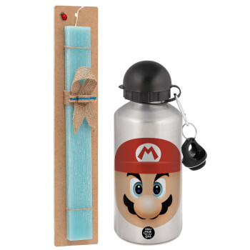 Super mario flat, Easter Set, metallic silver aluminum water bottle (500ml) & scented flat Easter candle (30cm) (TURQUOISE)