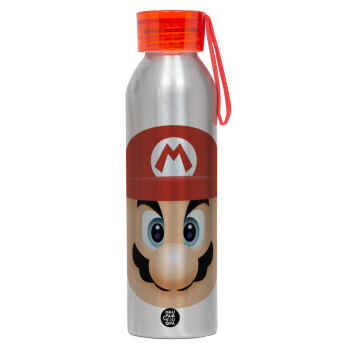 Super mario flat, Αλουμινένιο Αθλητικό Μπουκάλι 650ml – Ασημί με Κόκκινο Καπάκι και Λουράκι Σιλικόνης