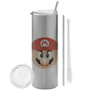 Super mario flat, Tumbler stainless steel Silver 600ml, with metal straw & cleaning brush