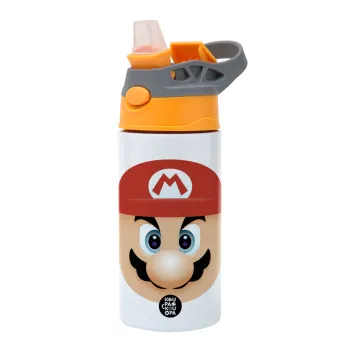 Super mario flat, Children's hot water bottle, stainless steel, with safety straw, Orange/Grey (360ml) BPA-FREE
