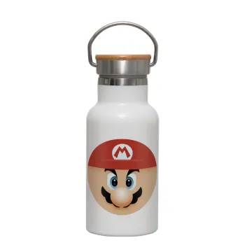 Super mario flat, Metallic thermos (Stainless steel) White with wooden lid (bamboo), double-walled, 350ml