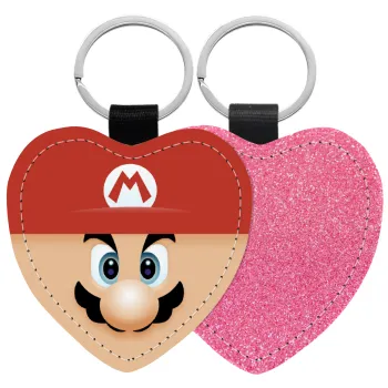 Super mario flat, Μπρελόκ PU δερμάτινο glitter καρδιά ΡΟΖ