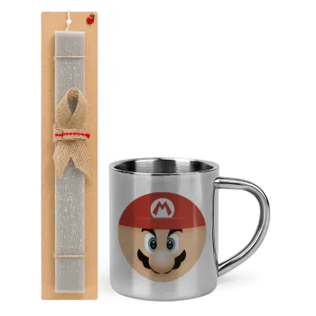 Super mario flat, Easter Set, metallic thermal cup (300ml) & Easter aromatic flat candle (30cm) (GRAY)