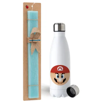 Super mario flat, Easter Set, metallic stainless steel water bottle (750ml) & aromatic flat Easter candle (30cm) (TURQUOISE)