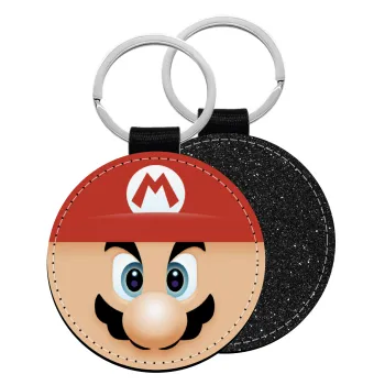 Super mario flat, Μπρελόκ Δερματίνη, στρογγυλό ΜΑΥΡΟ (5cm)
