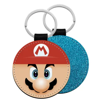 Super mario flat, Μπρελόκ Δερματίνη, στρογγυλό ΜΠΛΕ (5cm)