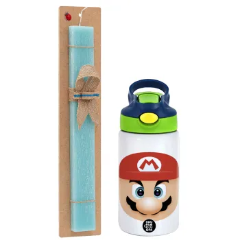 Super mario flat, Easter Set, Children's thermal stainless steel bottle with safety straw, green/blue (350ml) & aromatic flat Easter candle (30cm) (TURQUOISE)