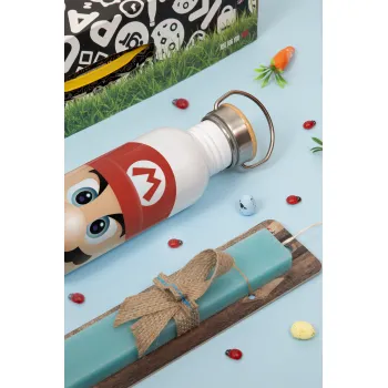 Super mario flat, Easter Set, metallic silver aluminum water bottle (500ml) & scented flat Easter candle (30cm) (TURQUOISE)