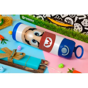 Super mario flat, Easter candle, Childrens hot water bottle, stainless steel, with safety straw, BLUE (500ml)