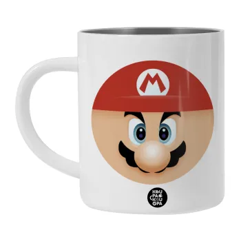 Super mario flat, Λευκή Ανοξείδωτη Μεταλλική Κούπα 450ml - Διπλού Τοιχώματος 