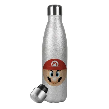 Super mario flat, Metallic Glitter Silver Thermos Flask (Stainless steel), double-walled, 500ml