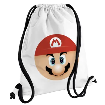 Super mario flat, Τσάντα πλάτης πουγκί GYMBAG λευκή, με τσέπη (40x48cm) & χονδρά κορδόνια