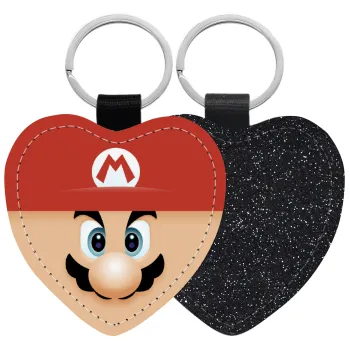 Super mario flat, Μπρελόκ PU δερμάτινο glitter καρδιά ΜΑΥΡΟ
