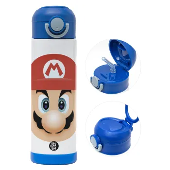 Super mario flat, Παιδικό παγούρι θερμό, ανοξείδωτο, με καλαμάκι ασφαλείας, ΜΠΛΕ (500ml)