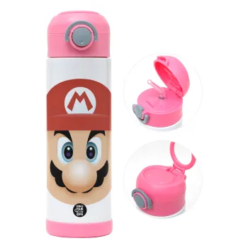 Super mario flat, Παιδικό παγούρι θερμό, ανοξείδωτο, με καλαμάκι ασφαλείας, ΡΟΖ (500ml)