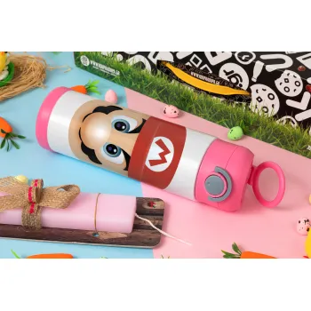 Super mario flat, Πασχαλινή Λαμπάδα με Παιδικό παγούρι θερμό, ανοξείδωτο, με καλαμάκι ασφαλείας, ΡΟΖ (500ml)