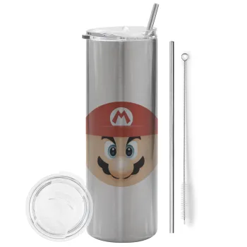 Super mario flat, Tumbler ποτήρι θερμό Ασημένιο από ανοξείδωτο ατσάλι 600ml, με μεταλλικό καλαμάκι & βούρτσα καθαρισμού