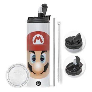 Super mario flat, Travel Tumbler θερμό με διπλό καπάκι, μεταλλικό καλαμάκι και βούρτσα καθαρισμού (Ανωξείδωτο 304 Food grade, BPA free, 600ml)