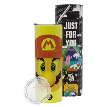 Super mario flat, Neon Yellow Travel Tumbler θερμό, μεταλλικό καλαμάκι(Ανωξείδωτο 304 Food grade, BPA free, 600ml)