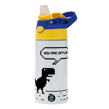 You are offline dinosaur, Children's hot water bottle, stainless steel, with safety straw, green, blue (360ml) BPA FREE