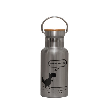 You are offline dinosaur, Stainless steel metallic thermos flask, silver with a bamboo lid, double-walled, 350ml.