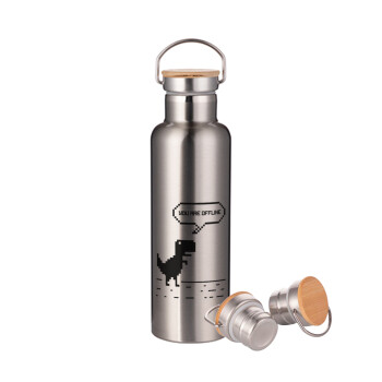 You are offline dinosaur, Stainless steel Silver with wooden lid (bamboo), double wall, 750ml