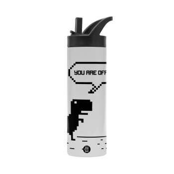 You are offline dinosaur, Metallic thermos bottle with straw & handle, stainless steel (Stainless steel 304), double-walled, 600ml.