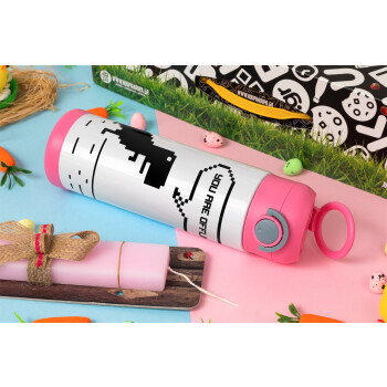 You are offline dinosaur, Easter candle, Childrens hot water bottle, stainless steel, with safety straw, PINK (500ml)