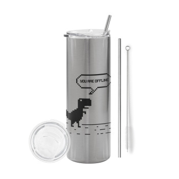 You are offline dinosaur, Tumbler stainless steel Silver 600ml, with metal straw & cleaning brush