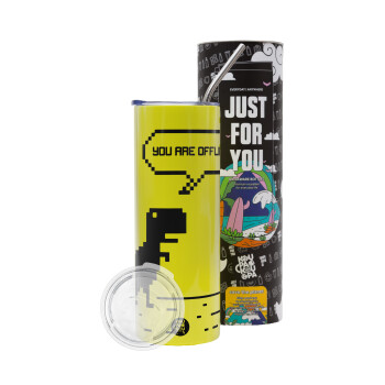 You are offline dinosaur, Neon Yellow Travel Tumbler, with metal straw (Stainless steel 304 Food grade, BPA free, 600ml)