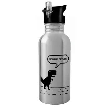You are offline dinosaur, Water bottle Silver with straw, stainless steel 600ml