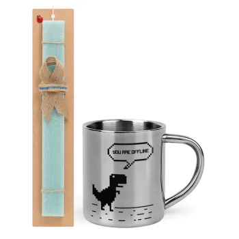 You are offline dinosaur, Easter Set, metallic thermal cup (300ml) & aromatic flat Easter candle (30cm) (TURQUOISE)