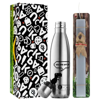 You are offline dinosaur, Easter Set, metallic stainless thermos flask (500ml) & scented flat Easter candle (30cm) (GRAY)
