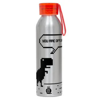 You are offline dinosaur, Aluminum Sports Bottle 650ml – Silver with Red Cap and Silicone Strap