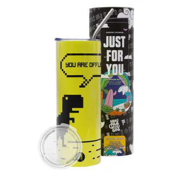 You are offline dinosaur, Neon Yellow Travel Tumbler θερμό, μεταλλικό καλαμάκι(Ανωξείδωτο 304 Food grade, BPA free, 600ml)