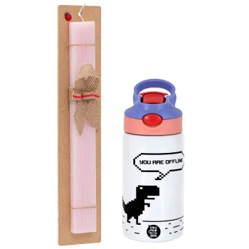 You are offline dinosaur, Easter Set, Children's thermal stainless steel water bottle with safety straw, pink/purple (350ml) & Easter scented flat candle (30cm) (PINK)