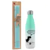 Easter Set, Metallic green/white thermos (Stainless steel), double-walled, 500ml & scented flat Easter candle (30cm) (TURQUOISE)