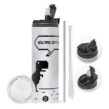 You are offline dinosaur, Travel Tumbler 2 Lids, with metal straw & cleaning brush (Stainless steel 304 Food grade, BPA free, 600ml)