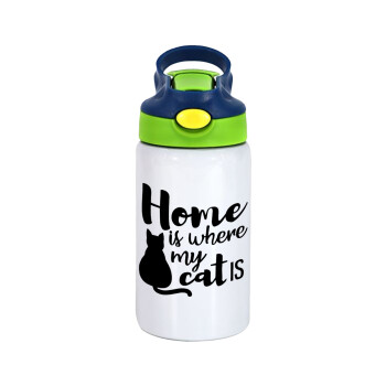 Home is where my cat is!, Children's hot water bottle, stainless steel, with safety straw, green, blue (350ml)