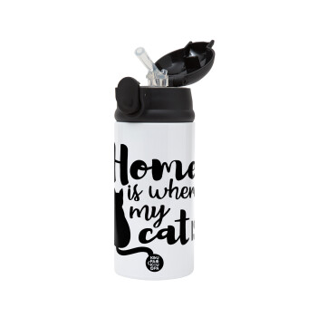 Home is where my cat is!, Children's hot water bottle, stainless steel, with safety straw, Black (360ml) BPA-FREE