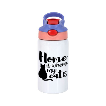 Home is where my cat is!, Children's hot water bottle, stainless steel, with safety straw, pink/purple (350ml)