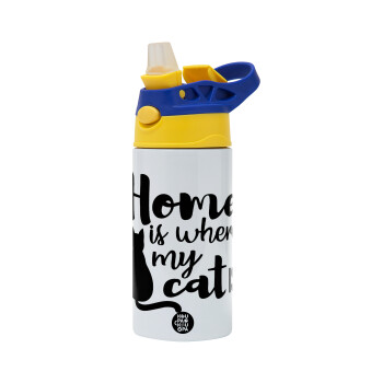 Home is where my cat is!, Children's hot water bottle, stainless steel, with safety straw, green, blue (360ml) BPA FREE