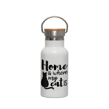 Home is where my cat is!, Metallic thermos (Stainless steel) White with wooden lid (bamboo), double-walled, 350ml