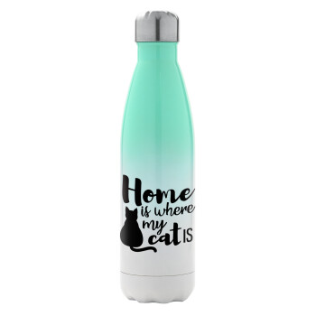 Home is where my cat is!, Metal mug thermos Green/White (Stainless steel), double wall, 500ml