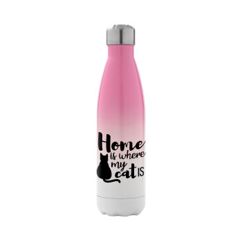 Home is where my cat is!, Metal mug thermos Pink/White (Stainless steel), double wall, 500ml