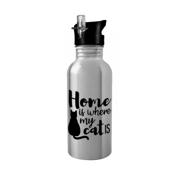 Home is where my cat is!, Water bottle Silver with straw, stainless steel 600ml