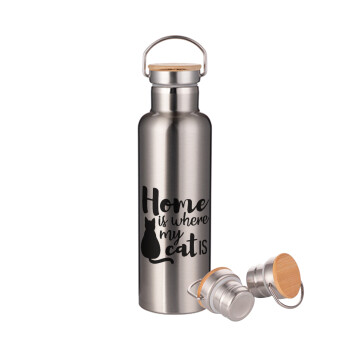 Home is where my cat is!, Stainless steel Silver with wooden lid (bamboo), double wall, 750ml